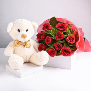 Teddy N Rose Love Combo – 10 Red Roses with Red Paper Wrap and 12 Inch White Teddy Bear