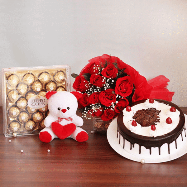 Combo of Love – Red Roses, Cake, Ferrero Rocher and Teddy Bear Gift Set