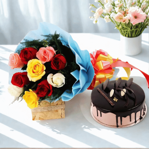 Mixed Roses with Chocolate Cake Combo