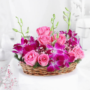 Enchanted Garden Vases – Aqua Pink Roses and Purple Orchids in Cane Basket