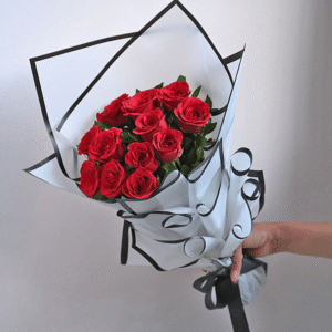 Red Roses Of Love Bouquet – 10 Red Roses in Designer White and Black Paper Wrap