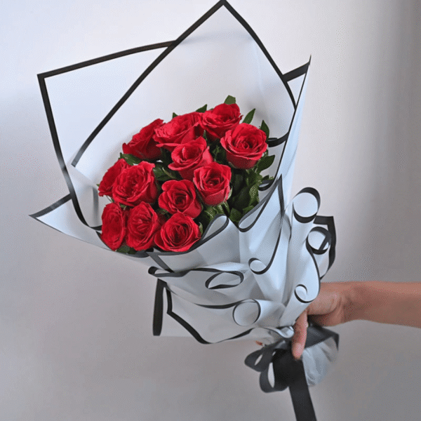 Red Roses Of Love Bouquet – 10 Red Roses in Designer White and Black Paper Wrap