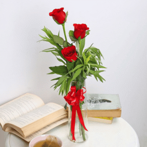 Red Rose Radiance – 3 Red Roses in Glass Vase with Ribbon for Romantic Gift