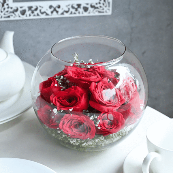 Crimson Grace Rose Arrangement – 20 Red Roses in Glass Vase with White Fillers