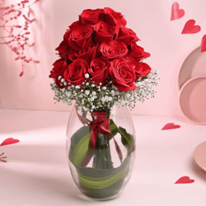 Glass Full of Red Rose – 24 Red Roses in a Transparent Glass Vase with Baby’s Breath Fillers