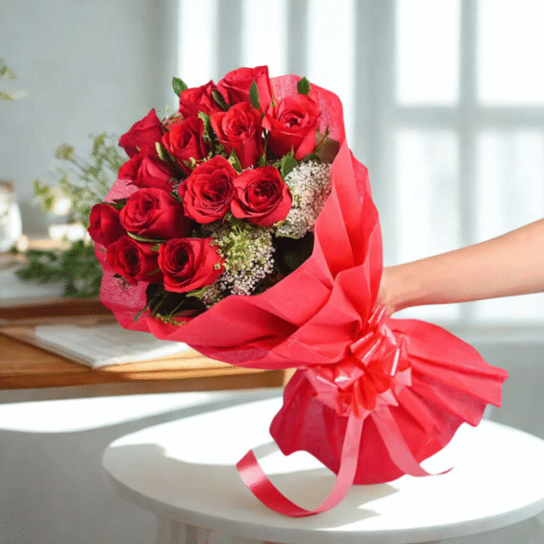 Forever 12 Red Rose Bunch – 12 Red Roses Wrapped in Red Non-Woven Paper