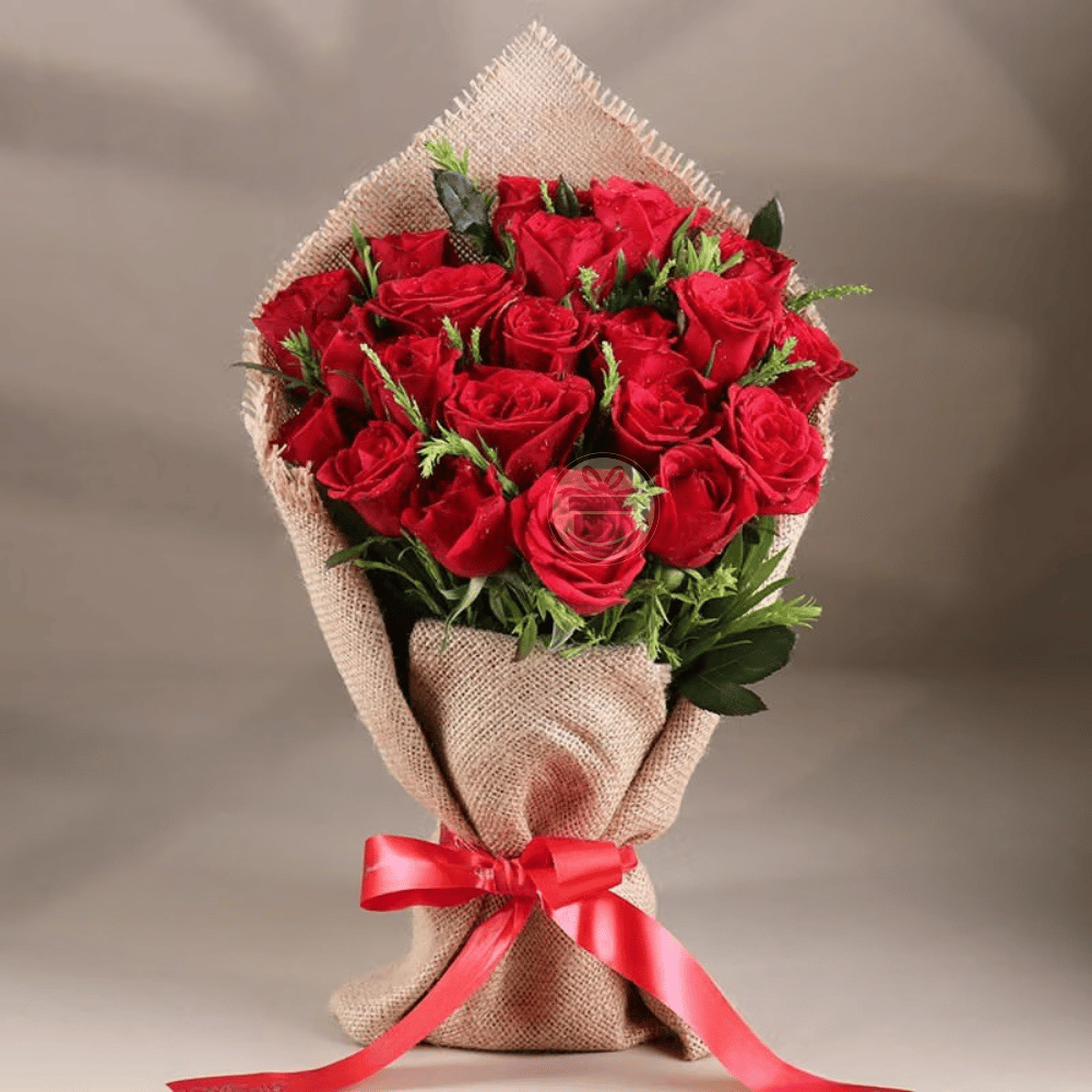Red Roses In Jute Wrapping Red Roses In Jute Wrapping