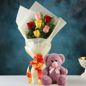 6 Mixed Roses with Teddy Bear Gift Combo